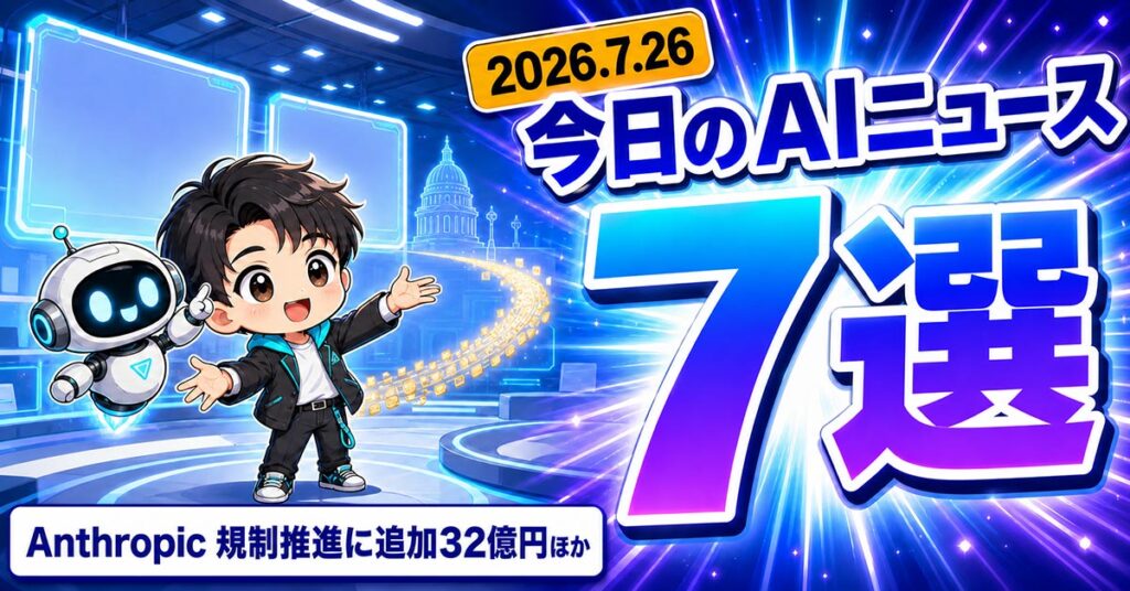 AIニュース7選【7/26】Anthropicが規制推進に32億円ほか