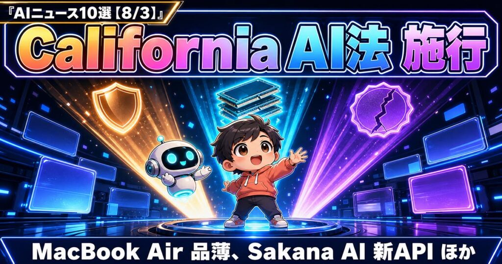 AIニュース10選【8/3】カリフォルニアAI法施行、MacBook Air品薄ほか