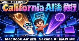 AIニュース10選【8/3】カリフォルニアAI法施行、MacBook Air品薄ほか