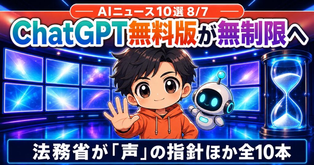 AIニュース10選【8/7】ChatGPT無料版が無制限へ、法務省が「声」の指針ほか