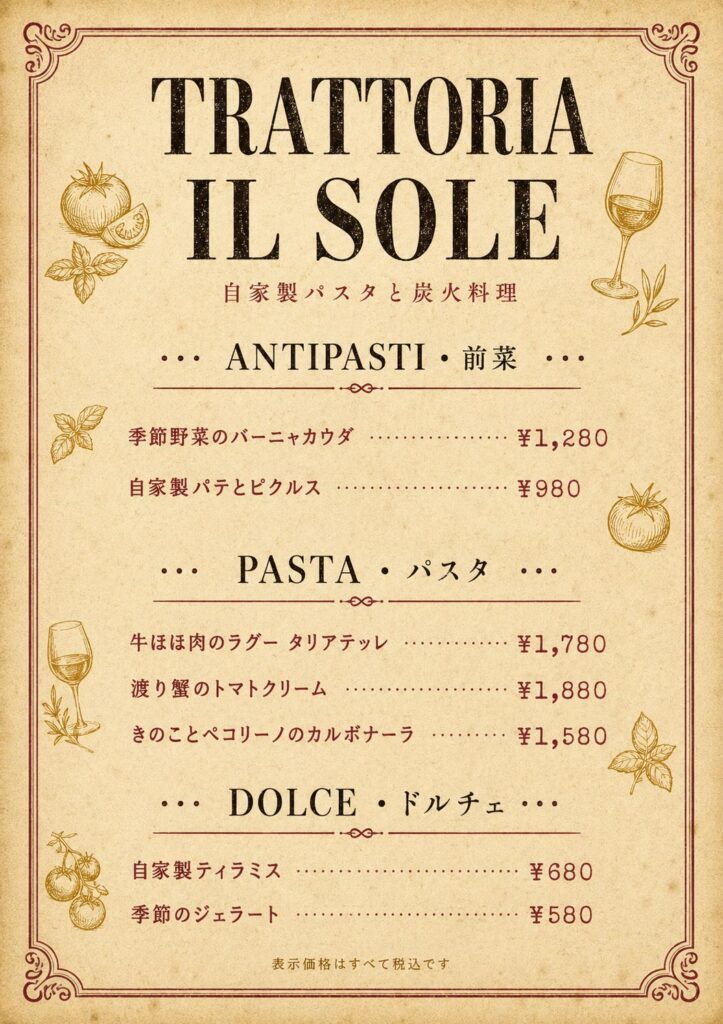 飲食店メニュー画像(A4)プロンプト