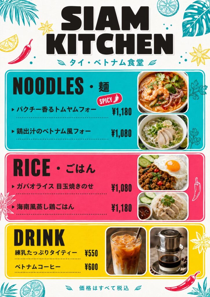 飲食店メニュー画像(A4)プロンプト